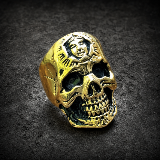 Gold-Tone 'Don't You Forget About Me' Stainless Steel Skull Ring with Inner Face - 316L stainless steel unisex jewelry (R0…