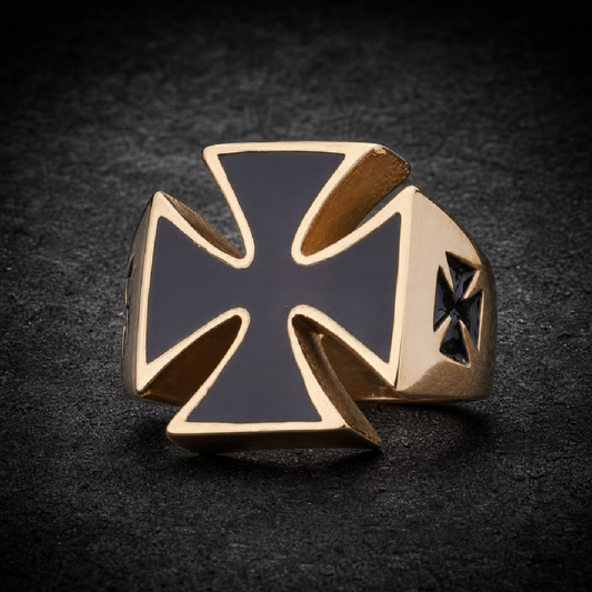 GOLD-Tone World War II Iron Cross Ring With Black Enamel - 316L stainless steel unisex jewelry (R0640)
