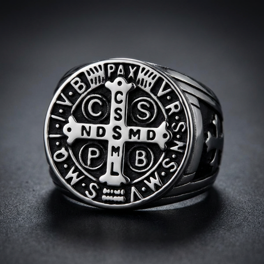 Sovereign Directive St Benedict band ring, 316L stainless steel, polished silver, gothic crosses on sides
