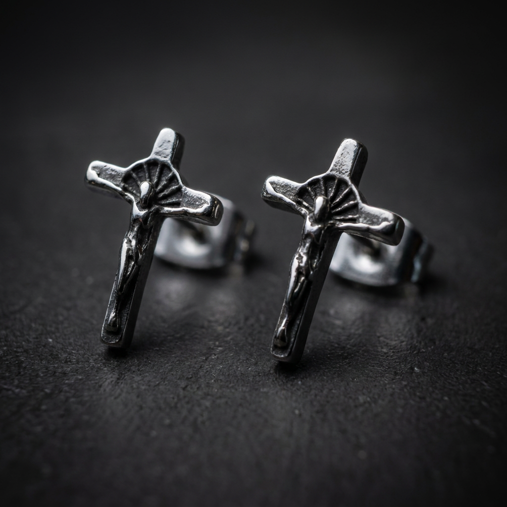 Pair of Ossuary Crucifix Earrings crafted from 316L surgical grade stainless steel, featuring an intricate, macabre crucifix design.