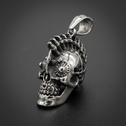 Steampunk Sentinel Skull Pendant, detailed 316L stainless steel gothic industrial skull pendant with gears and rivets