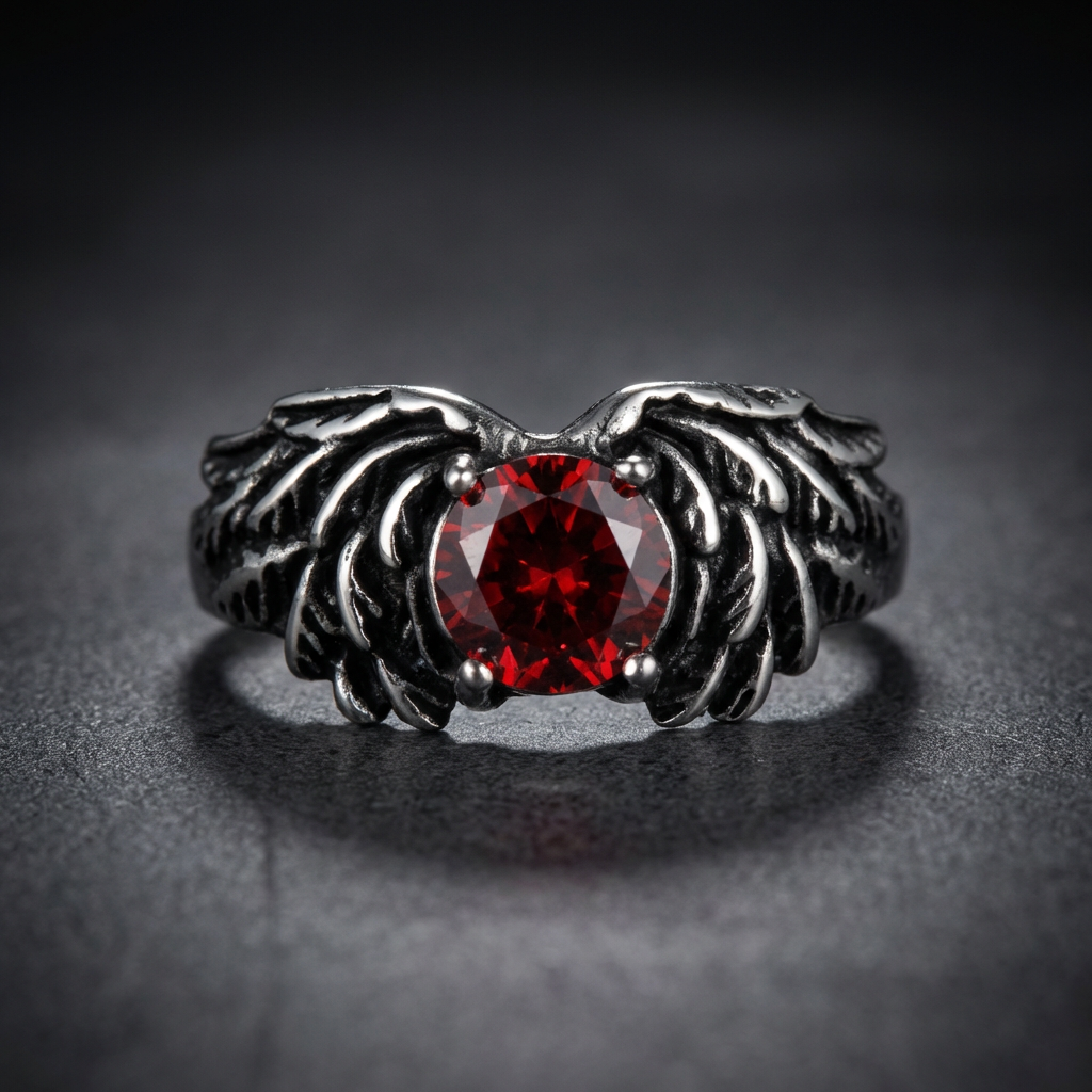 Fiery Wing HardKnocker 316L stainless steel ring with a large red stone and detailed gothic wings.