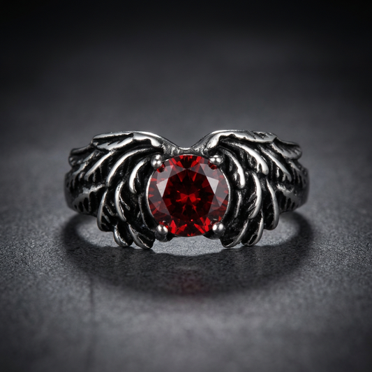 Fiery Wing HardKnocker 316L stainless steel ring with a large red stone and detailed gothic wings.