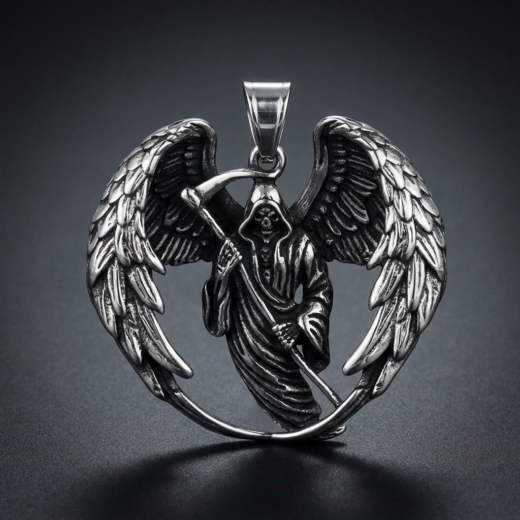 Sentinelle de l'Ombre Pendant, grim reaper with detailed wings in 316L stainless steel, gothic dark aesthetic, sharp oxidized finish.