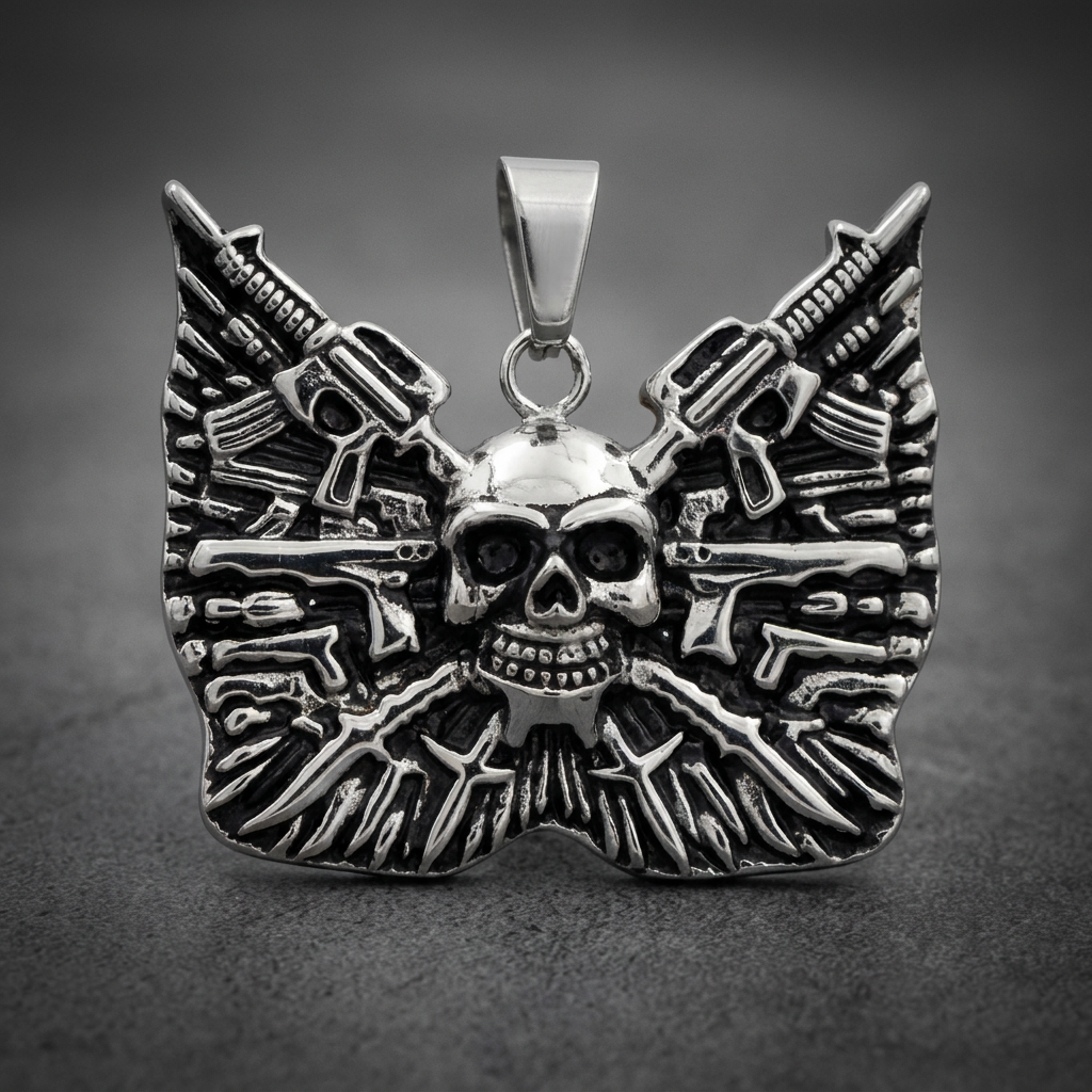 Grim skull ordnance made from 316L stainless steel with guns, rifles, and knives on a winged backdrop.