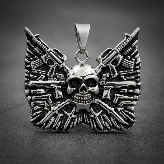 Grim skull ordnance made from 316L stainless steel with guns, rifles, and knives on a winged backdrop.