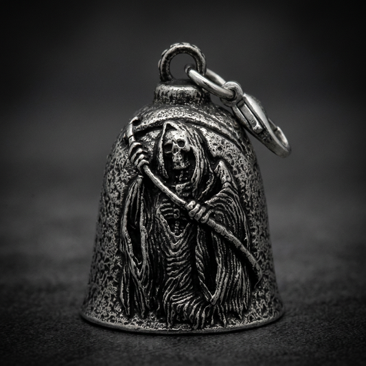 Anarchy Reaper Bell in 316L stainless steel, featuring an etched grim reaper with a scythe, showcasing dark oxidized finish.