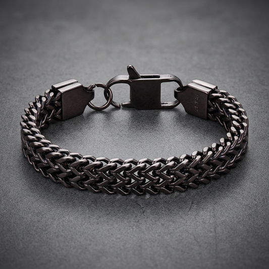 Heavy gunmetal Franco link bracelet made from 316L stainless steel with a sturdy clasp.