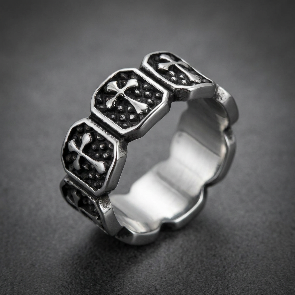 Heavy 316L stainless steel ring with repeating raised cross motifs on a textured dark background