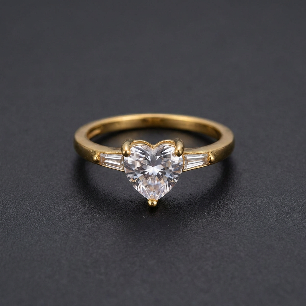 Golden Promise Band, a gold-finished 316L stainless steel ring with a central heart-shaped stone and subtle side sliver stones.