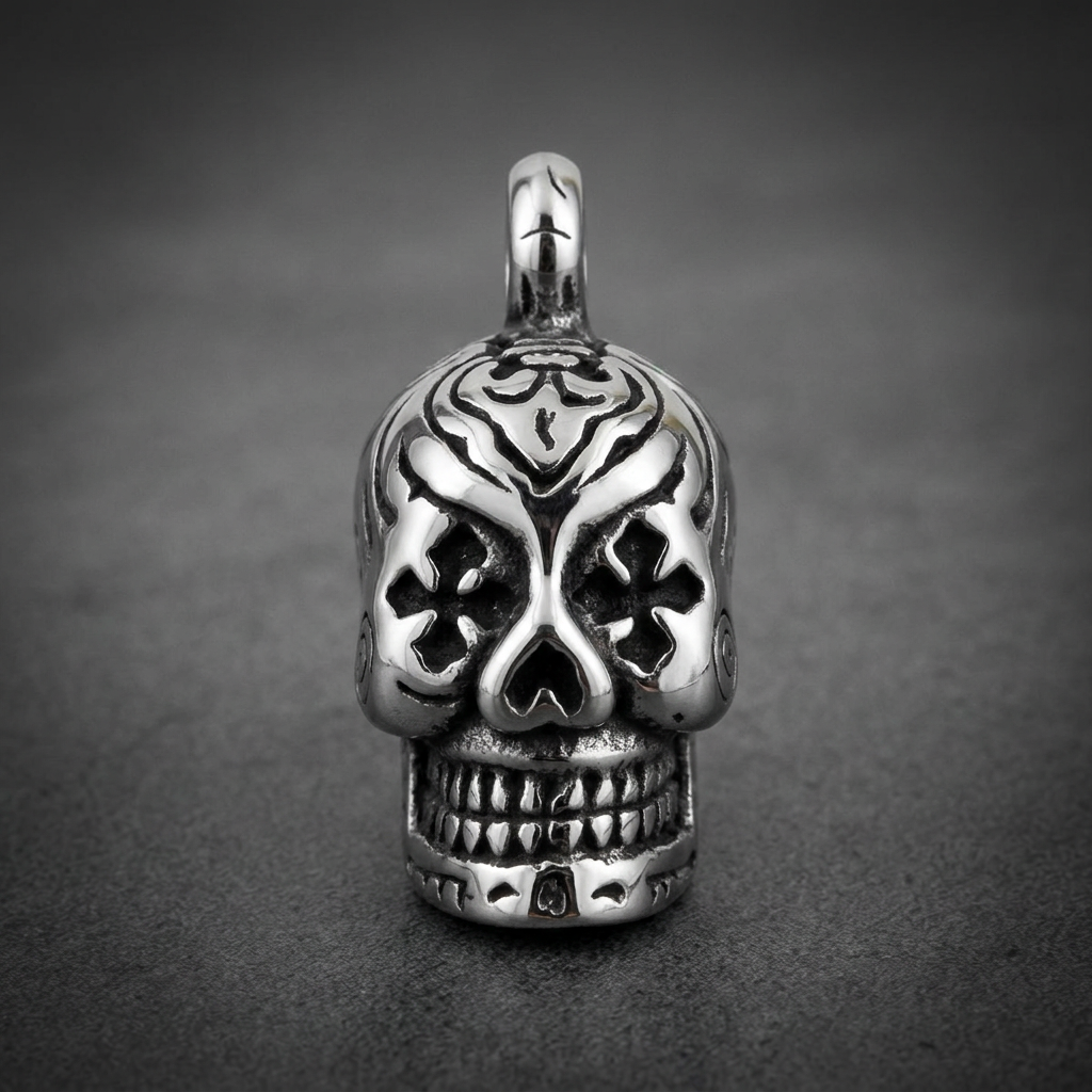 Ornate skull pendant in polished and blackened 316L surgical stainless steel with intricate tribal patterns on top and deep-set eyes.