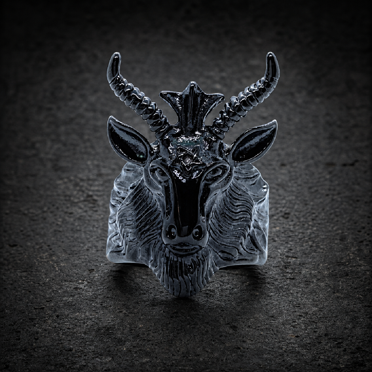 Horned Fury (Black) Goat Head With Horns Biker Ring (268Black) - 316L stainless steel unisex jewelry (R0488)