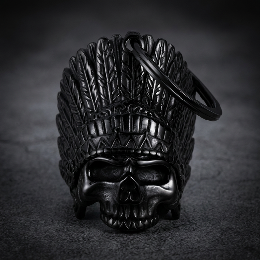Black 316L stainless steel Indian skull keychain with detailed feathers
