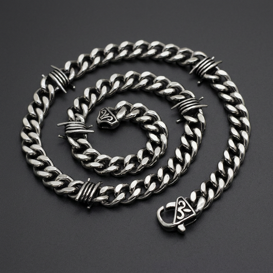 Heavy 316L stainless-steel curb chain necklace with barbed wire sections and a sturdy clasp