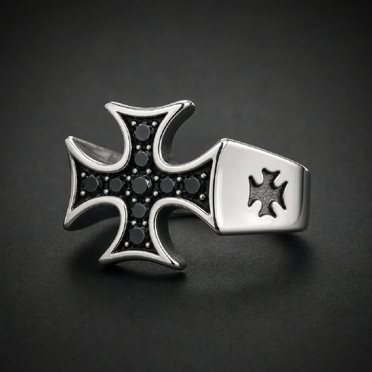 Bold Iron Cross Ring with black crystals, 316L stainless steel. Polished silver and dark crystal details.