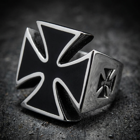 Iron Cross Ring w/ Black Enamel - 316L stainless steel unisex jewelry (R0331)