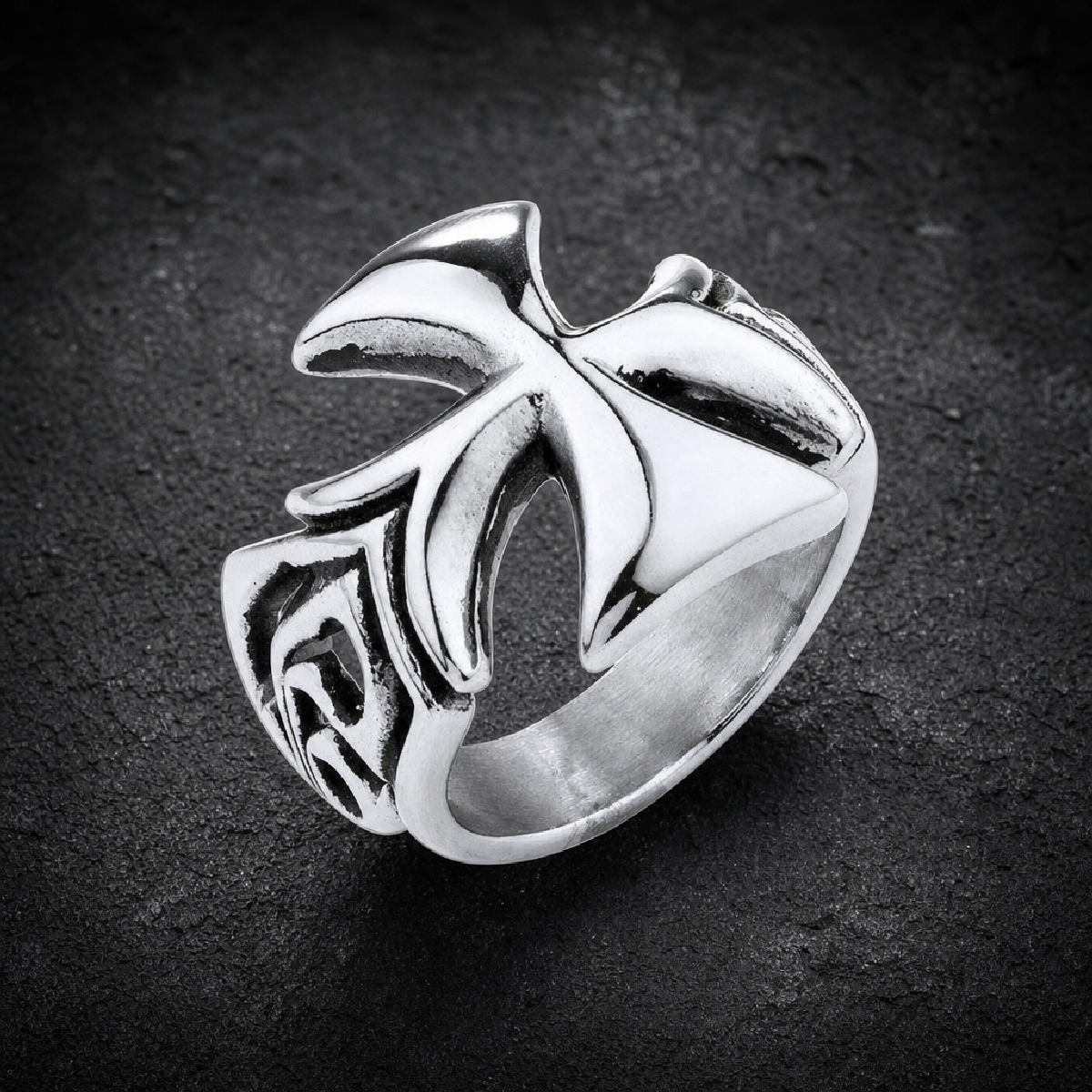Iron Cross Ring With Design On The Sides - 316L stainless steel unisex jewelry (R0429)