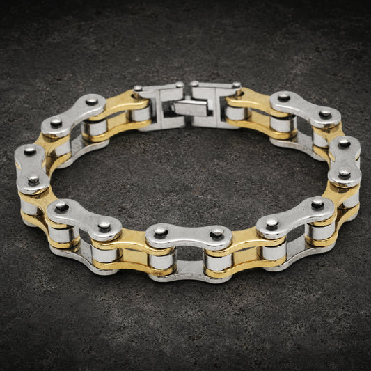 Heavy 316L stainless steel motorcycle chain link bracelets shown in silver, gold, two-tone, and black finishes with fold-over clasps