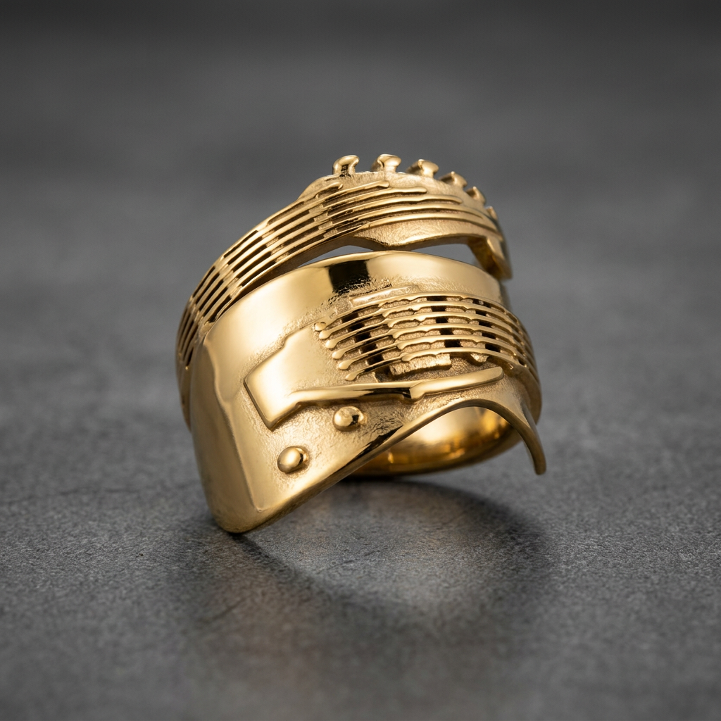Sculpted Guitar Band ring, gold-colored 316L stainless steel, featuring detailed guitar body, fretboard, and tuning pegs.
