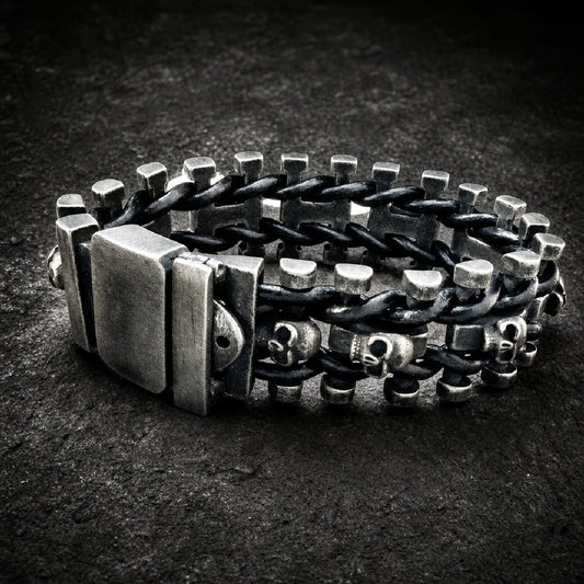 Ironclad Reaper — 10" & Leather Skull Bracelet · 110 grams - 316L stainless steel unisex jewelry, ironclad reaper leather…
