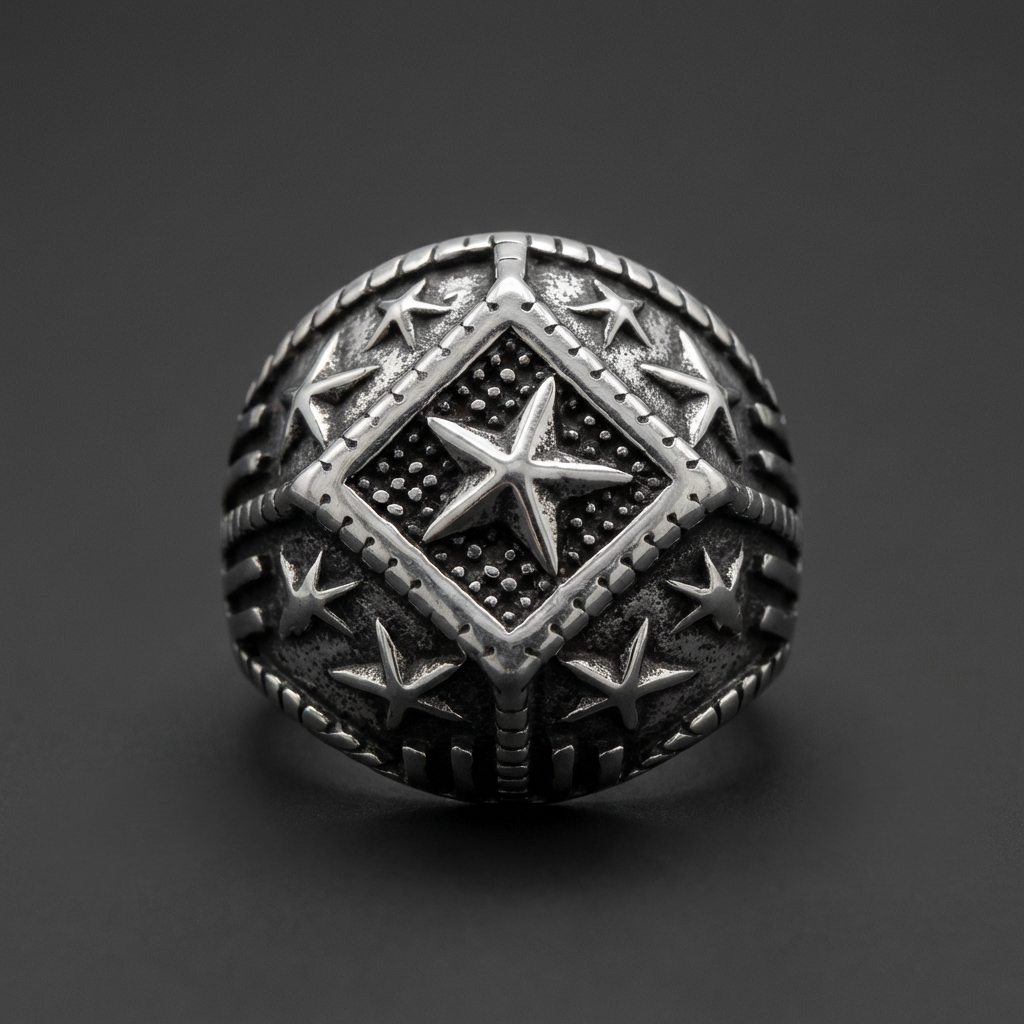 Stainless steel ring with star design and textured finish