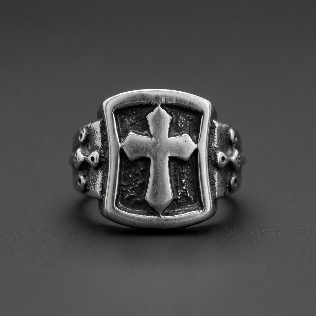 Storm of Faith ring featuring a bold cross on a darkened background, crafted from 316L stainless steel, symbolizing strength and conviction.