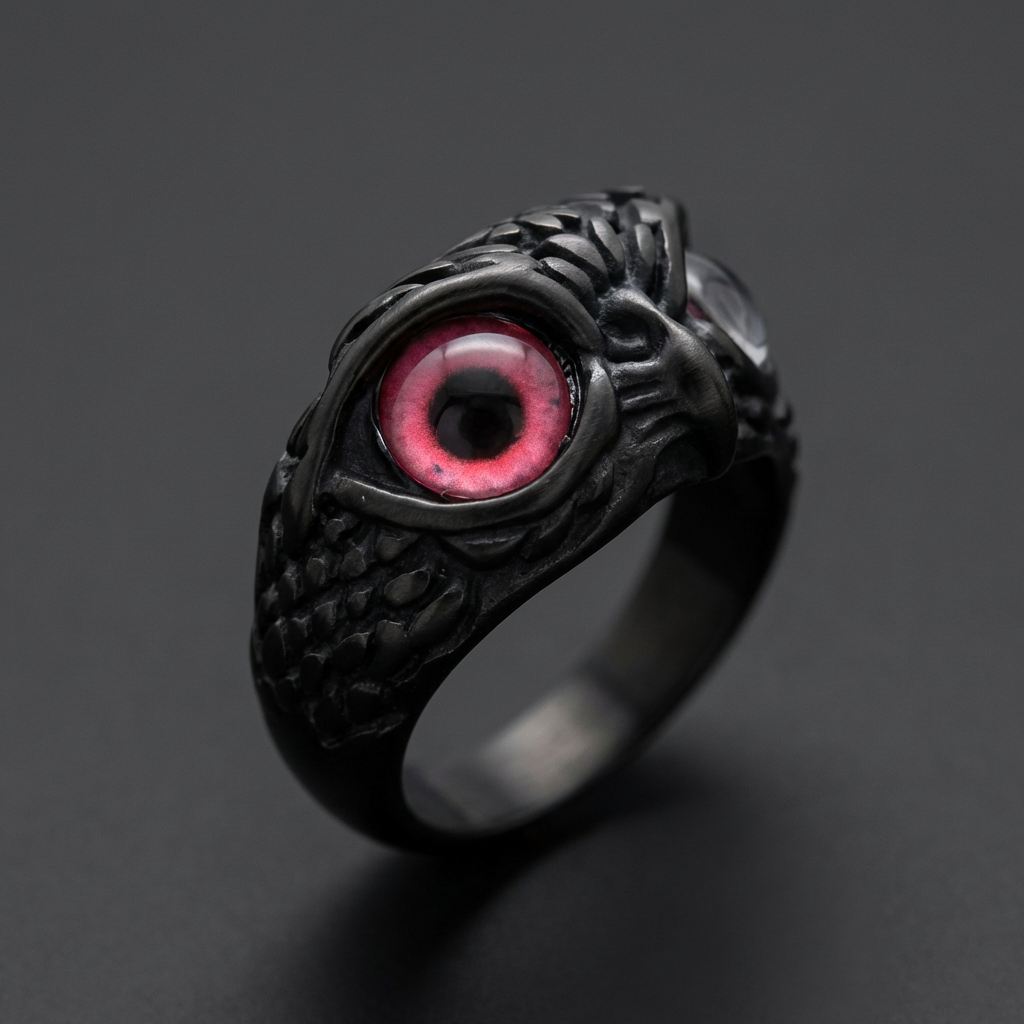 Stainless steel ring with red eye design, gothic style in black.