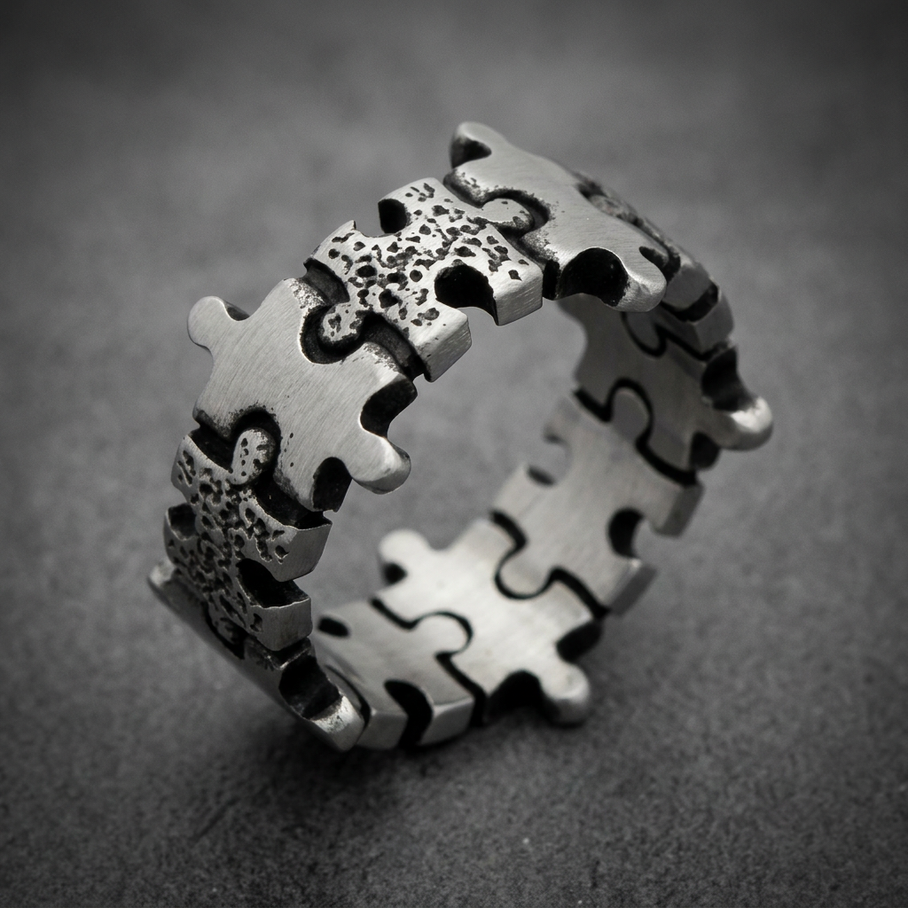 Brushed finish 316L surgical stainless steel ring, featuring interlocking jigsaw puzzle pieces forming the band. The HardKnocker construction gives it a solid, heavy feel.