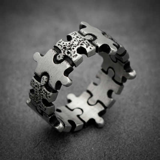 Brushed finish 316L surgical stainless steel ring, featuring interlocking jigsaw puzzle pieces forming the band. The HardKnocker construction gives it a solid, heavy feel.