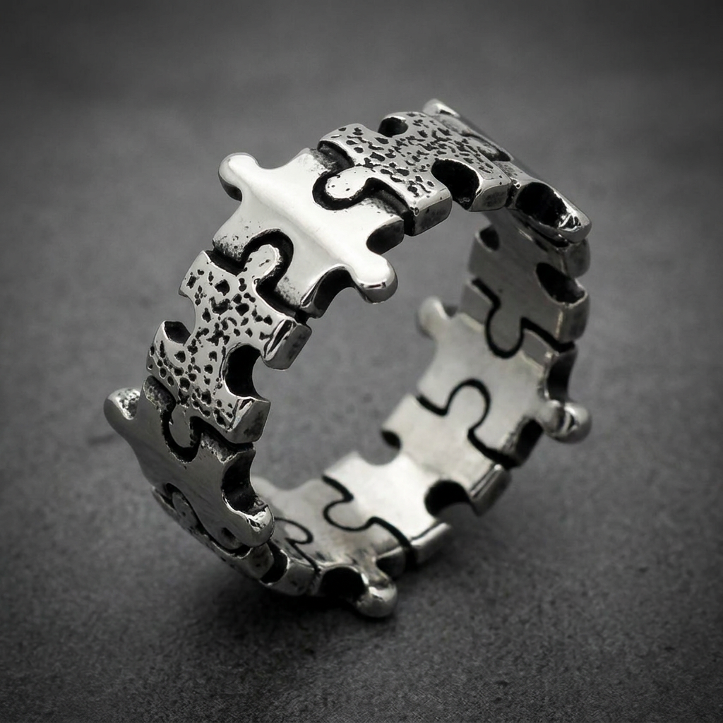 A wide, chunky unisex ring crafted from 316L surgical stainless steel, featuring interlocking puzzle piece motifs around the entire band. Some puzzle pieces have a smooth, polished finish, while others have a textured, granulated surface, creating a dynamic visual contrast. The ring has a solid-back HardKnocker construction, showcasing the natural bright silver tone of the steel.