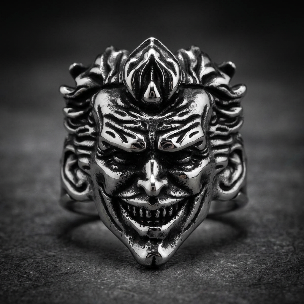 Midnight Joker Smile ring, 316L stainless steel, dark, grinning joker face design, edgy biker jewelry