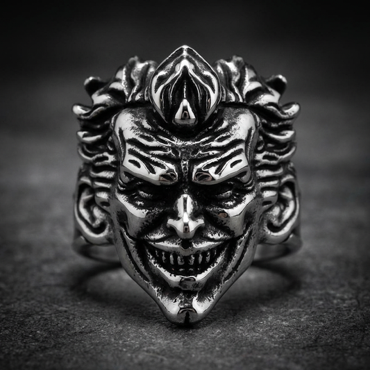 Midnight Joker Smile ring, 316L stainless steel, dark, grinning joker face design, edgy biker jewelry