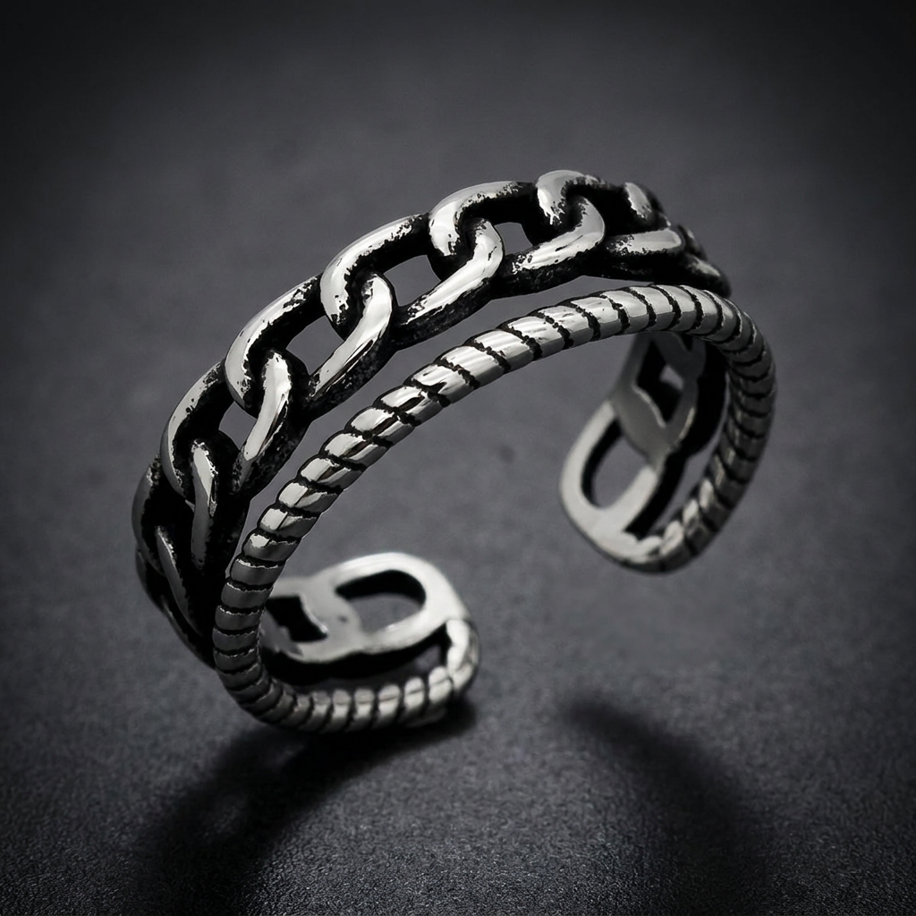 Heavy 316L stainless steel Kalen Chain HardKnocker ring with bold chain links and a twisted rope band.