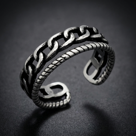 Heavy 316L stainless steel Kalen Chain HardKnocker ring with bold chain links and a twisted rope band.