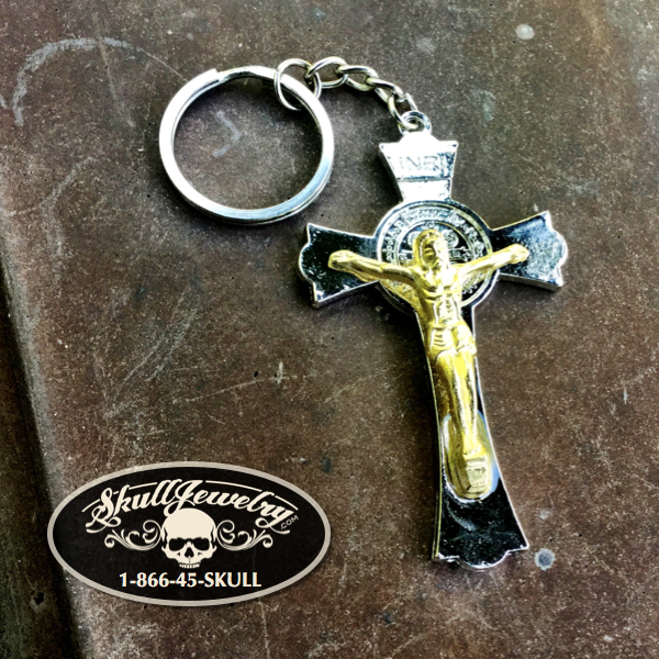 4 1/2" Stainless Steel w/ Gold Jesus on Crucifix Keychain