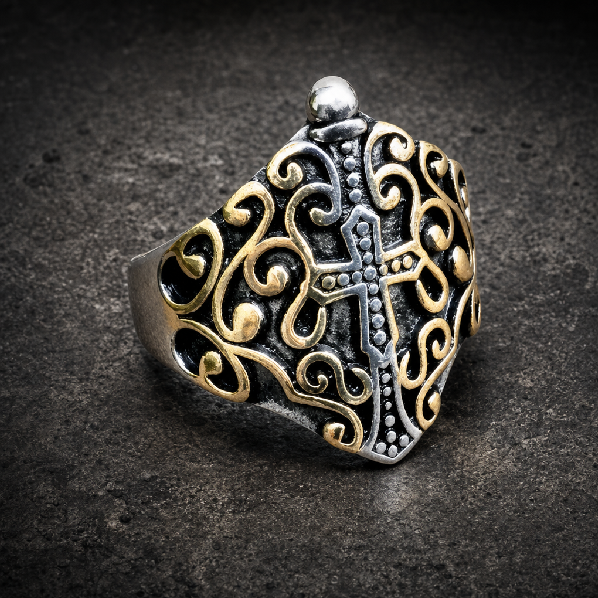 Kiss An Angel Good Mornin - Gold and Stainless Steel Cross ring - 316L stainless steel unisex jewelry (R0641)