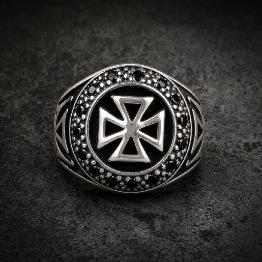 Knights Templar Cross - Ring w/Black Gemstones - 316L stainless steel unisex jewelry (R0474)