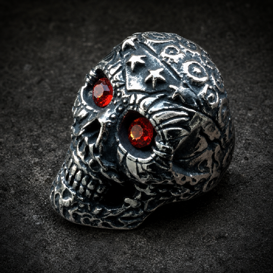 Knockin on Heaven's Door - Big, Bold & Heavy Skull Ring Red Gem Stone Eyes - 316L stainless steel unisex jewelry (R0815)