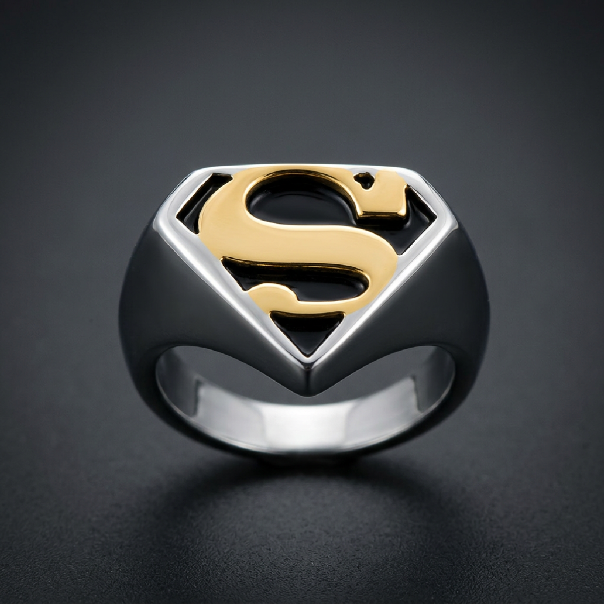 Superman Two-Tone Signet Ring in 316L stainless steel with gold 'S' and black enamel background