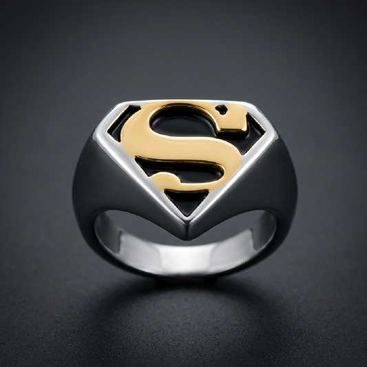 Superman Two-Tone Signet Ring in 316L stainless steel with gold 'S' and black enamel background