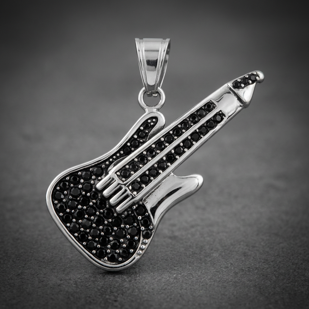 Lacquered Guitar Pendant in 316L stainless steel with black stone detailing