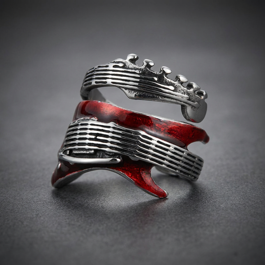 Red and black enameled 316L stainless steel guitar ring, with detailed fretboard and tuning pegs, on a white background.