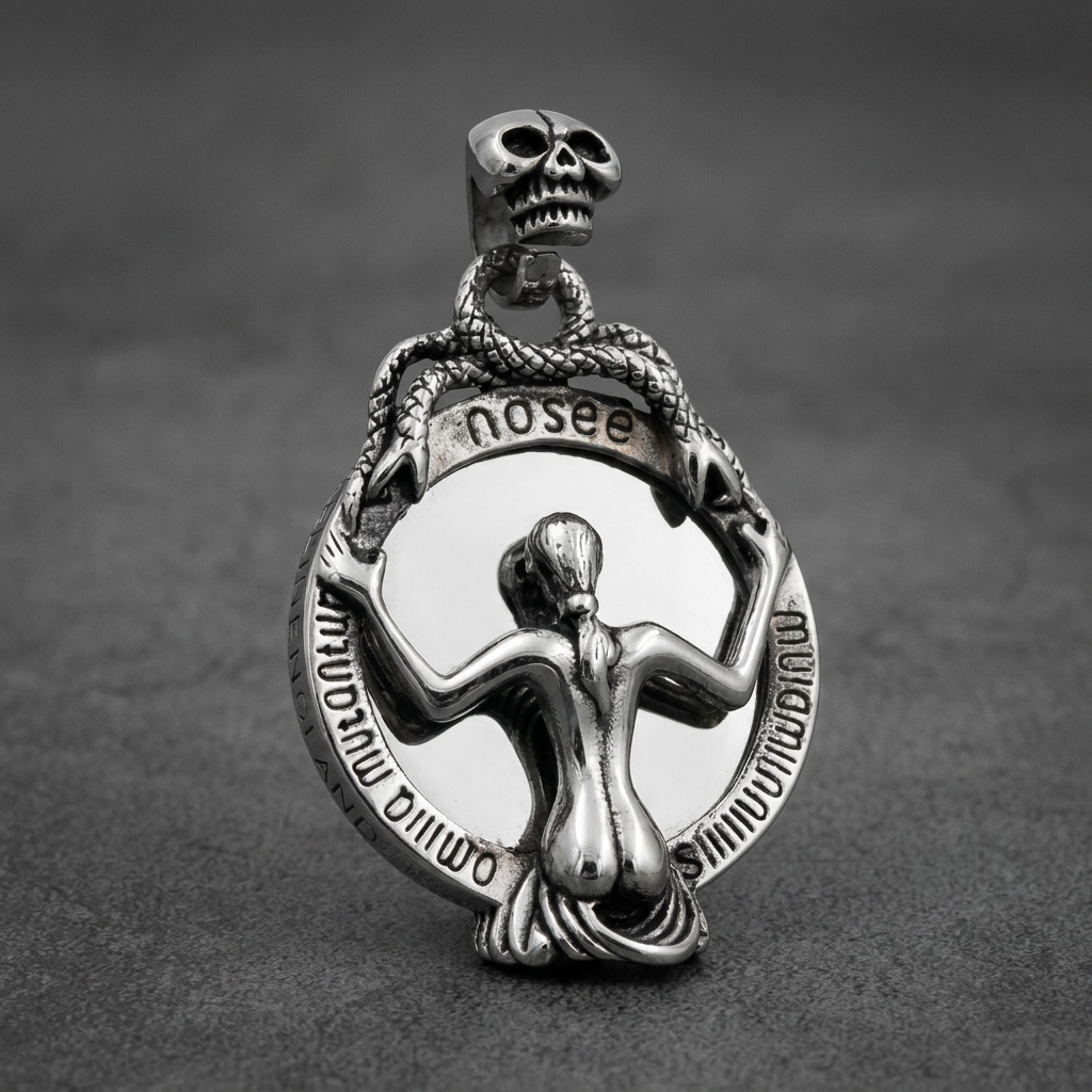 Lacquered Mirror Skull 316L surgical stainless steel pendant with skull bail, coiling serpents, reflective mirror, and skeletal figure.