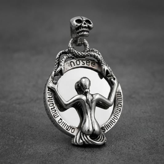 Lacquered Mirror Skull 316L surgical stainless steel pendant with skull bail, coiling serpents, reflective mirror, and skeletal figure.