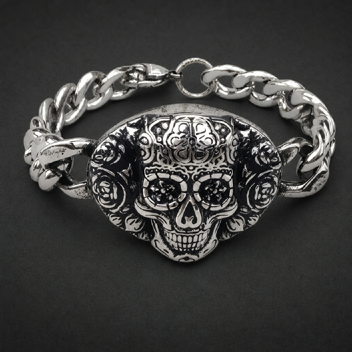 Unisex 316L stainless steel sugar skull bracelet with carved roses and heavy curb chain links