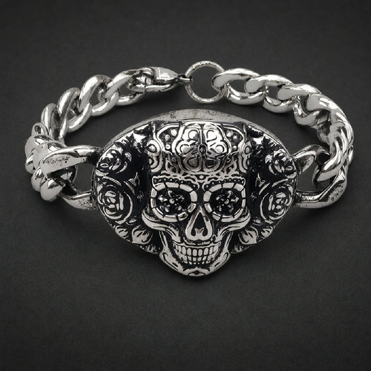 Unisex 316L stainless steel sugar skull bracelet with carved roses and heavy curb chain links