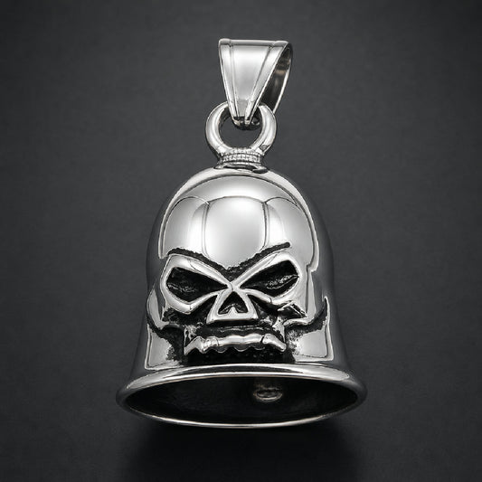 316L stainless steel skull biker bell pendant with oxidized eye sockets and hanging clapper