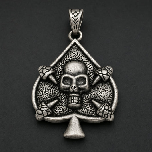 Ace of Spades skull pendant in 316L stainless steel with stippled background and mushroom accents