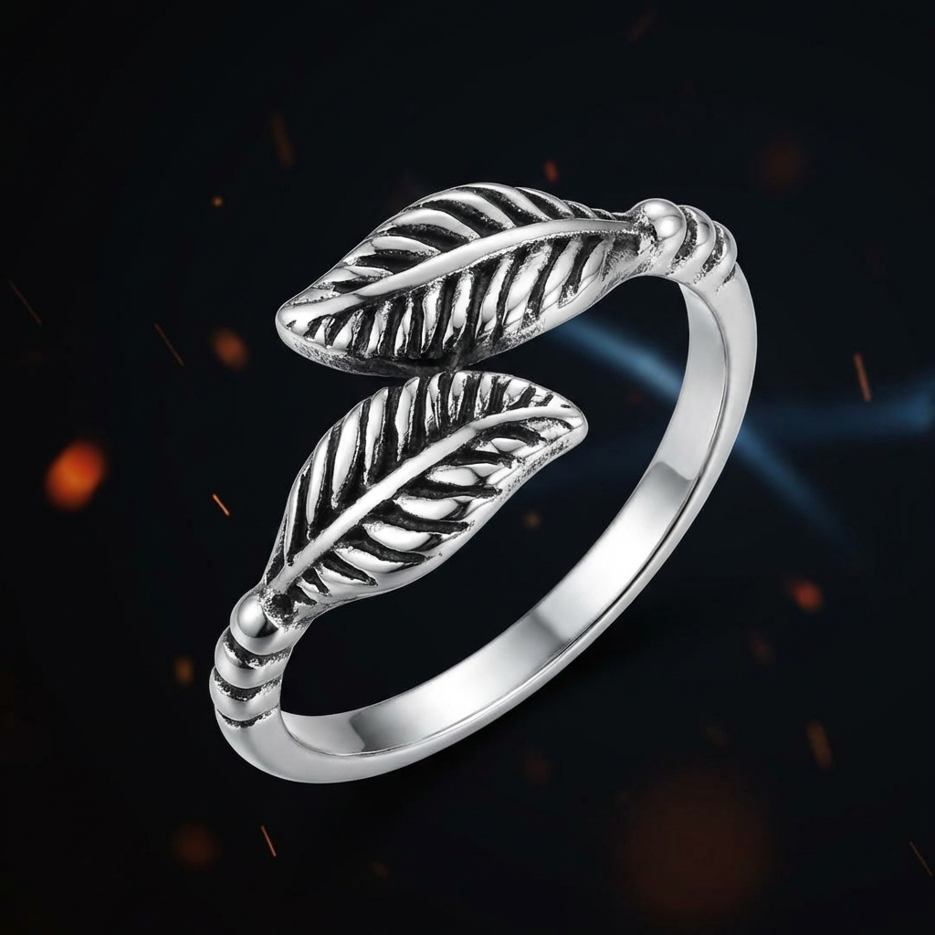 Close-up of an Unapologetic Leaf Design ring, showcasing the intricately etched leaf veins on the polished 316L stainless steel.