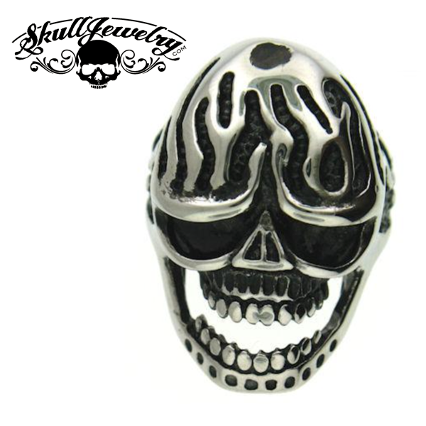 Light My Fire - skull ring with flames and cross on sides